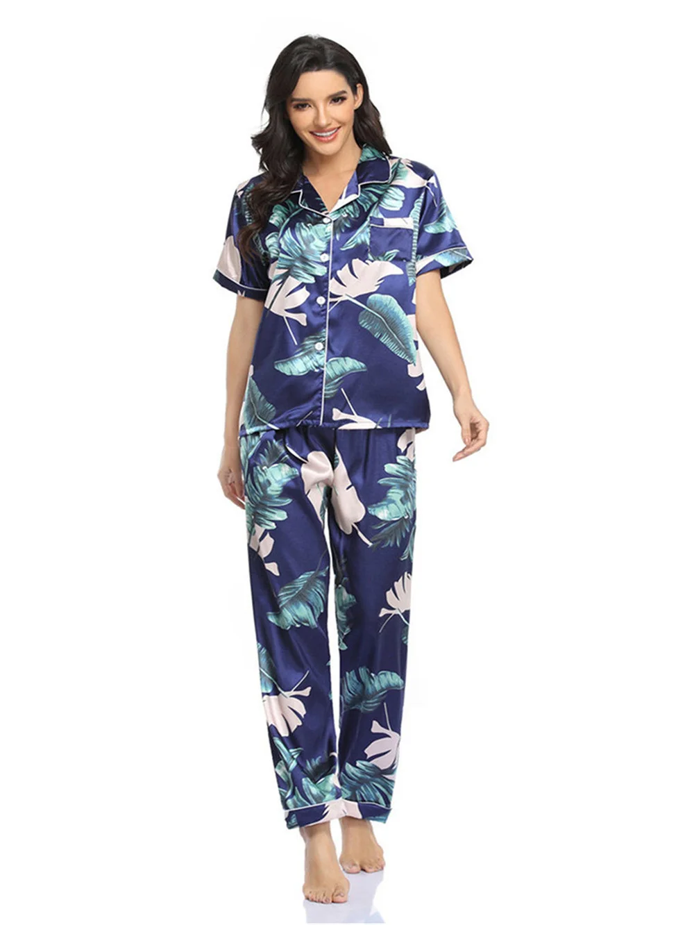 Women's Loose Loungewear Floral Print Button Down Pajamas Set Short Sleeve Nightwear Pants Sleepwear  Pjs Sets Homewear Summer