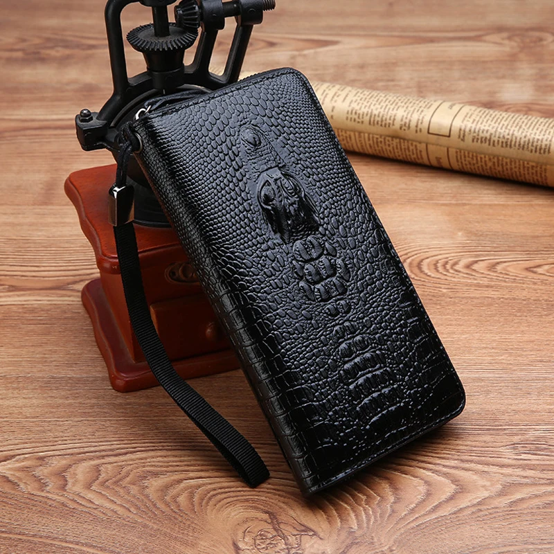 

YoReAi New Men's Long Crocodile Wallet Fashion Leather Bag Zipper Multi-card Clutch Business Leisure Black Wallet Storage Bags