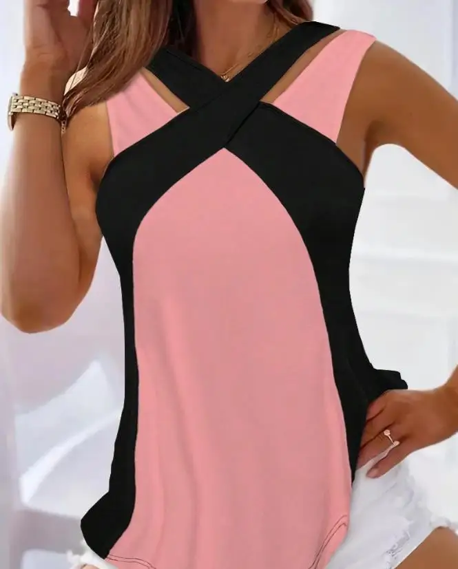 

Fashion Woman Blouse 2023 Summer New Style Sleeveless Colorblock Crisscross Casual Tank Top Basic Versatile Commuting