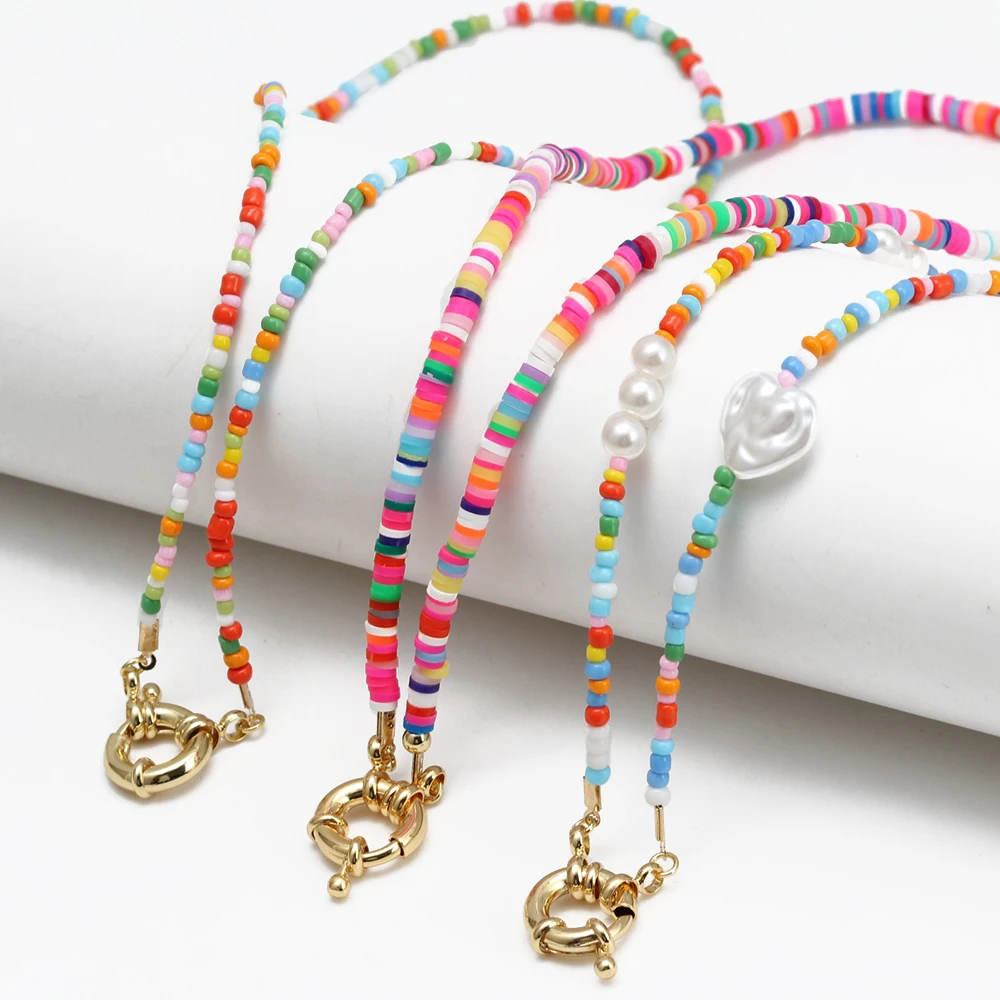 

Wish Card Boho Jewelry Rice Beads Pearl Necklace For Women Girls Fashion OT Buckle Pendant Necklace Soft Pottery Choker Gift New