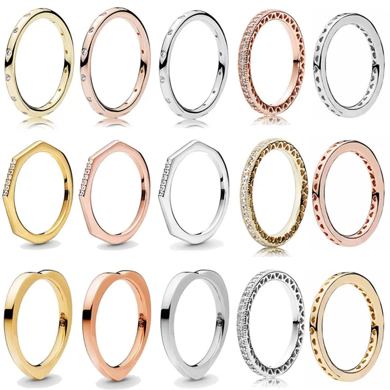

Authentic 925 Sterling Silver Rose Golden Signature Hearts Rings For Women Wedding Party Europe Fashion Jewelry