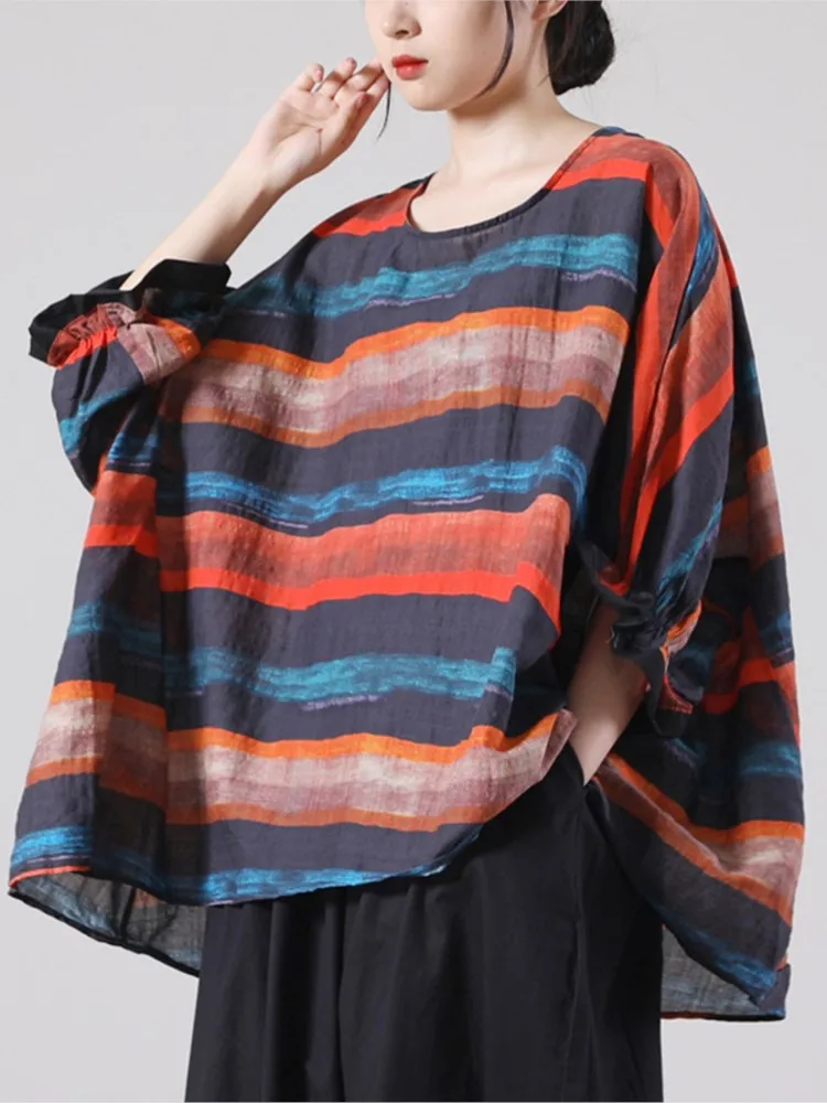 

2022 Summer Womens T-shirt Striped Constract Color Printed Batwing Sleeve Female Blosue Loose Casual Women Top