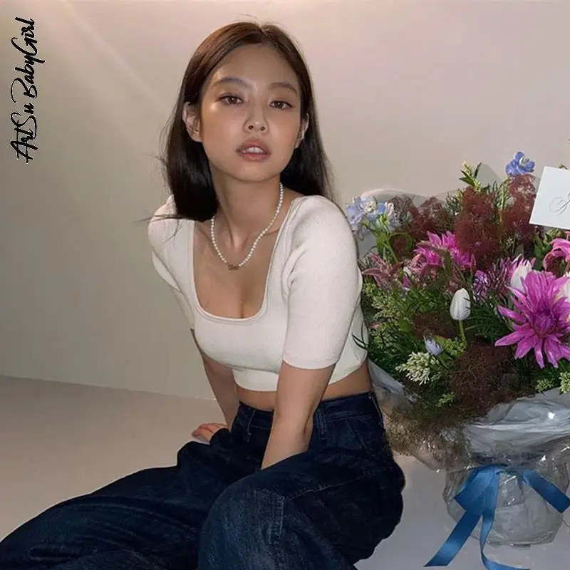 Укороченный топ Белый Топ женские футболки с коротким рукавом летняя одежда