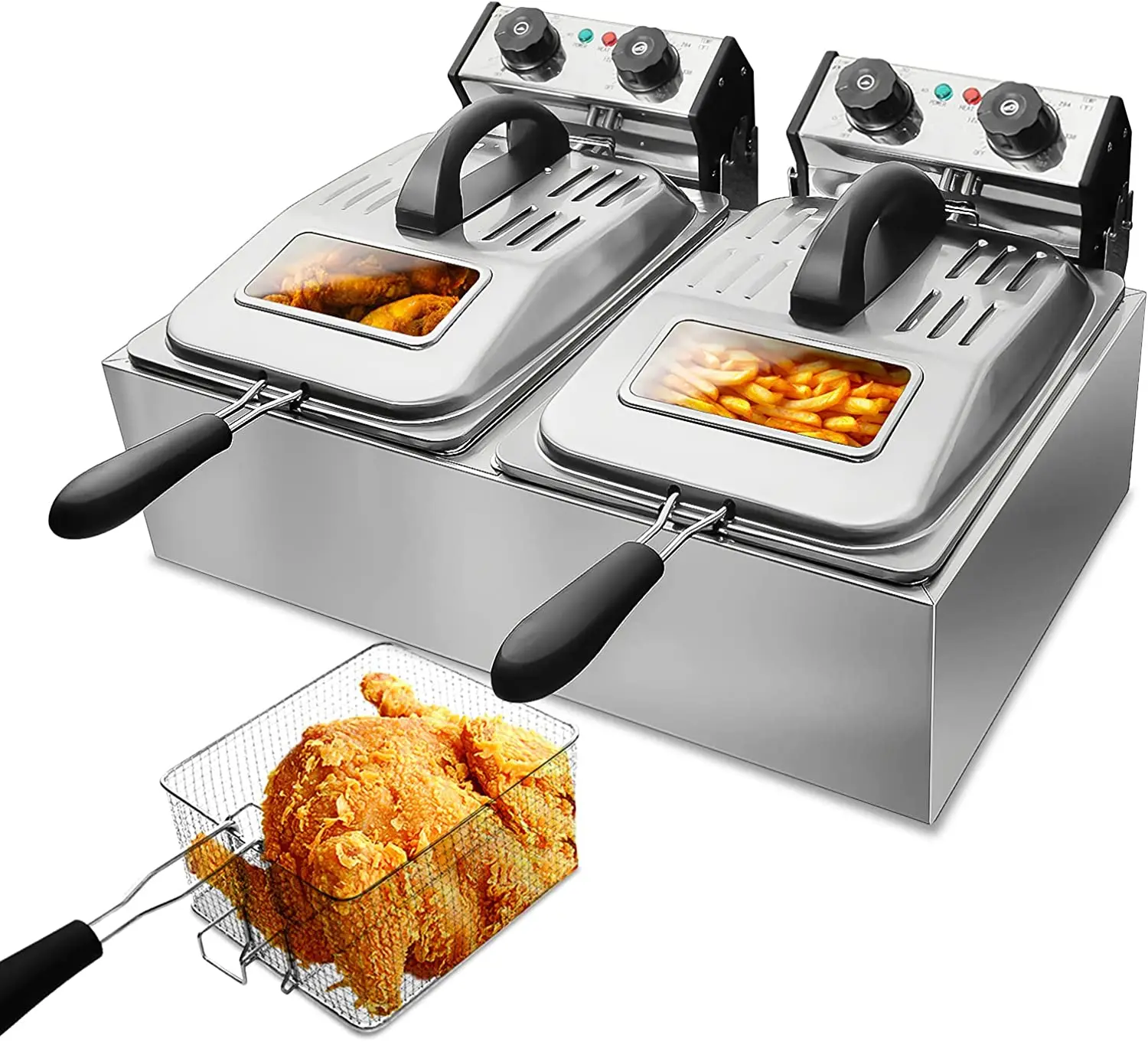 

Commercial Deep Fryer with Visible Window Deep fryer 2500W 12L （6L* 2)2 * 5.7QT Stainless Steel French Fry Double Deep Fast Fr