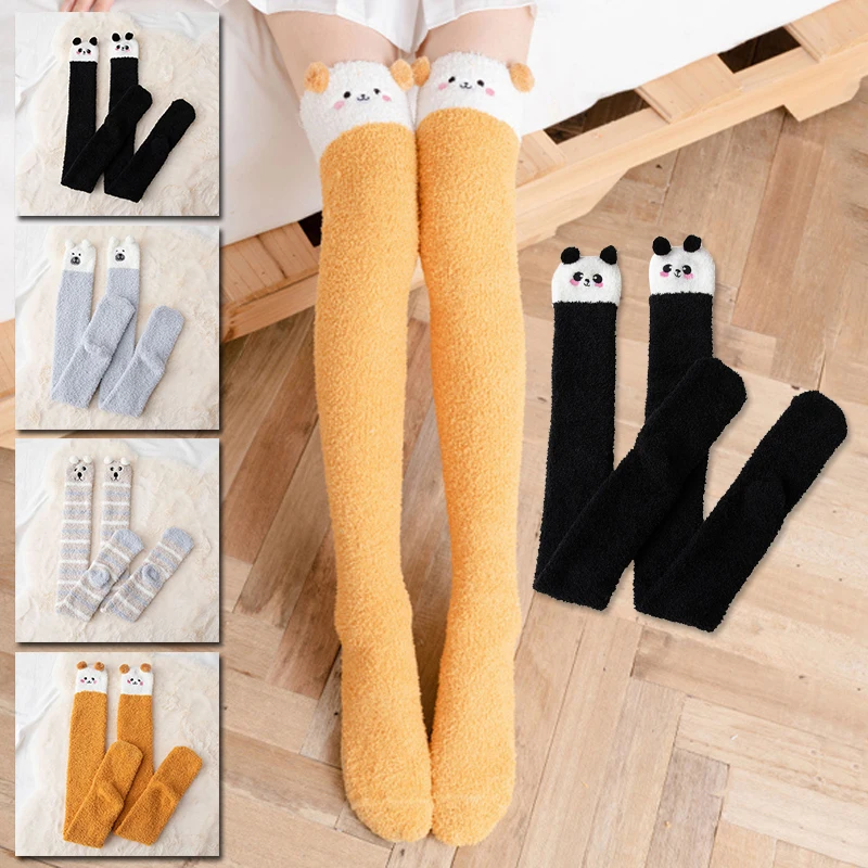 

Women Soft Coral Fleece Knee Socks Animal Thermal Modeling Stockings Girls Cute Striped Cozy Long Thigh High Warm Sleeping Sock