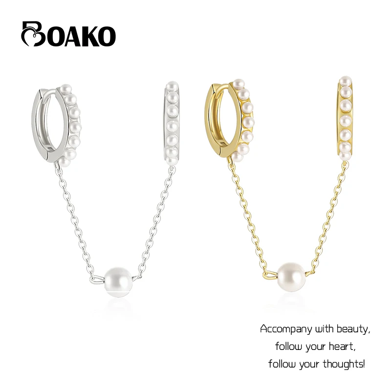 

BOAKO 1PS 925 Sterling Silver Round Pearl Earring for Woman Wedding Jewelry Piercing Tassel Chain Hoop Earring Brinco Femme Gift