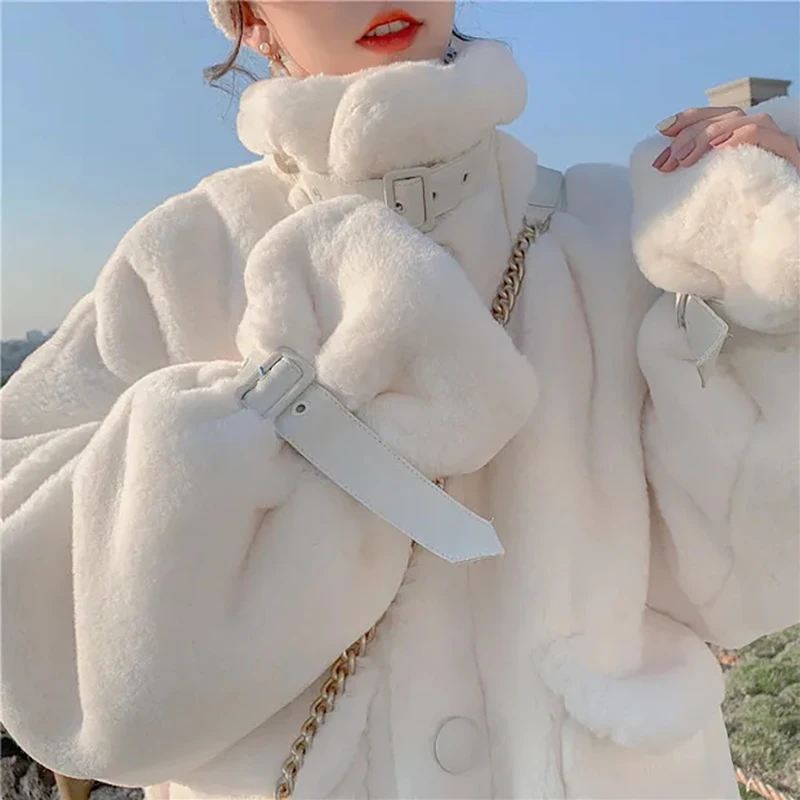 Autumn Winter Imitation Fur Jacket Warm Overcoat Korean Solid Sweet Single-breasted Pocket Coat Women Fashion Pink White Parkas