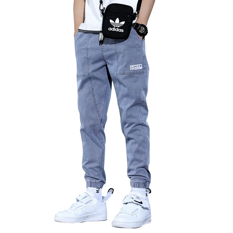 Men Jeans Spring Summer Solid Color Loose Pockets Harem Jeans Men Lace-up Mid Waist Denim Pencil Pants Trousers Streetwear Jeans