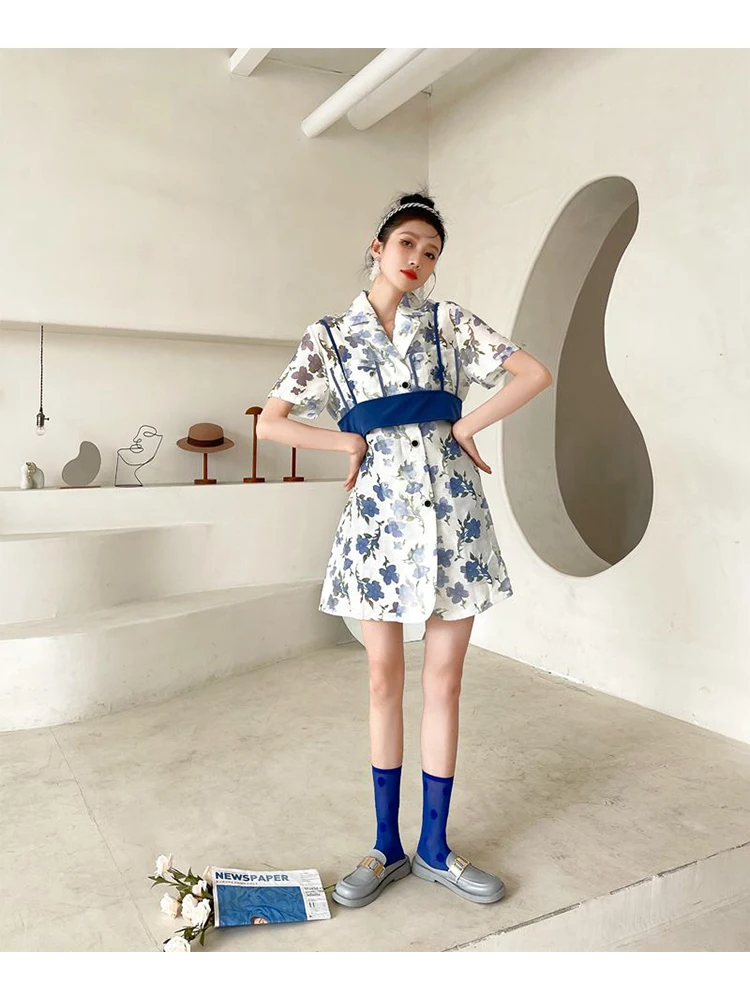 

Spring And Summer Print Perspective Floral Turn-Down Collar Dress Office Lady Short Sleeve Loose Single Breasted Female Clothes