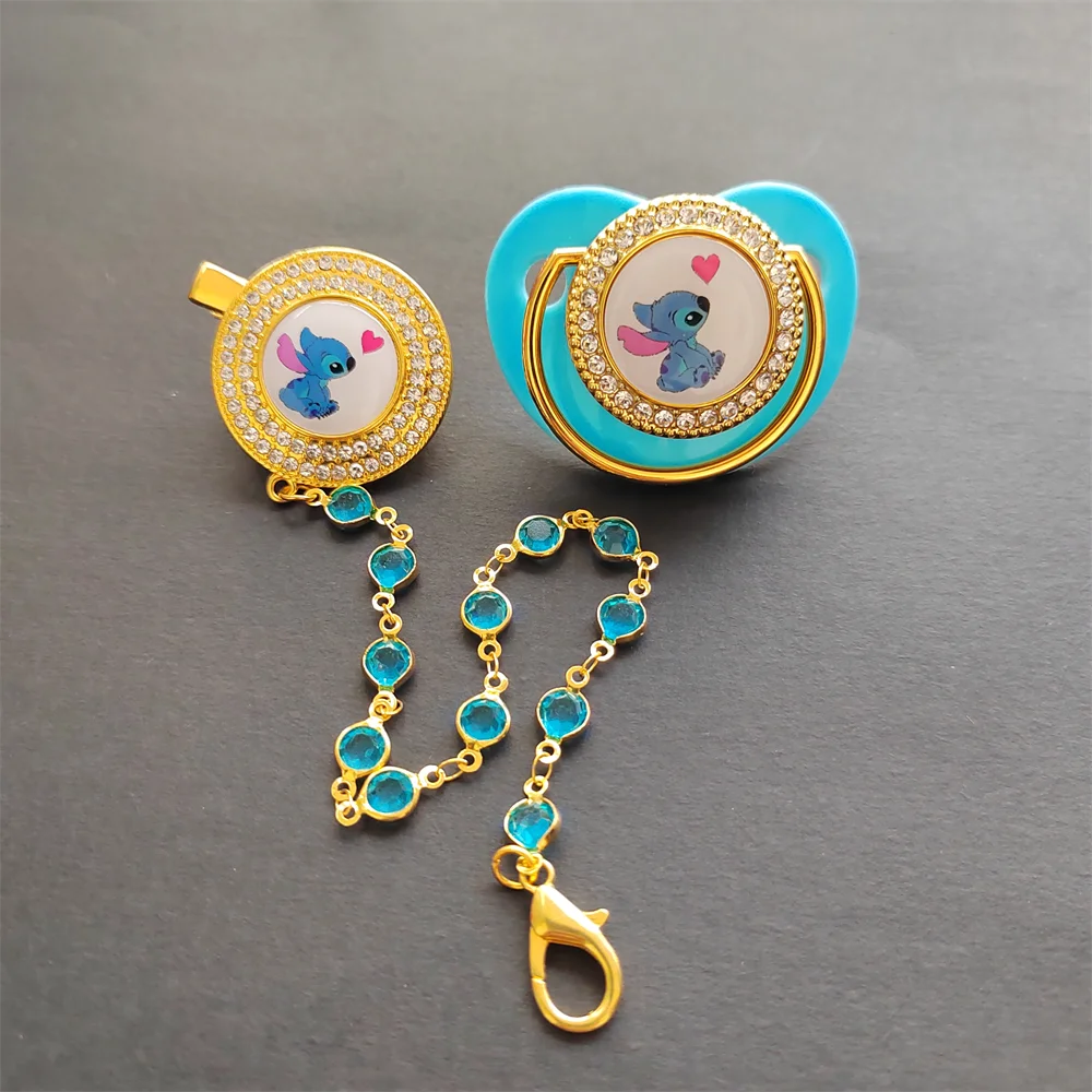 

Disney Ice Blue Bling Rhinestone Dummy Chain Holder Infant Accessories Flat Teat Teething Newborn Items Clips Para Chupetes