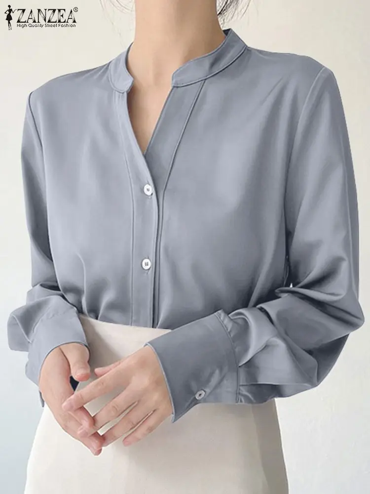 

Модные женские Атласные Рубашки 2022, топы с длинным рукавом ZANZEA, Офисная Женская блузка с V-образным вырезом, повседневные однотонные свободн...