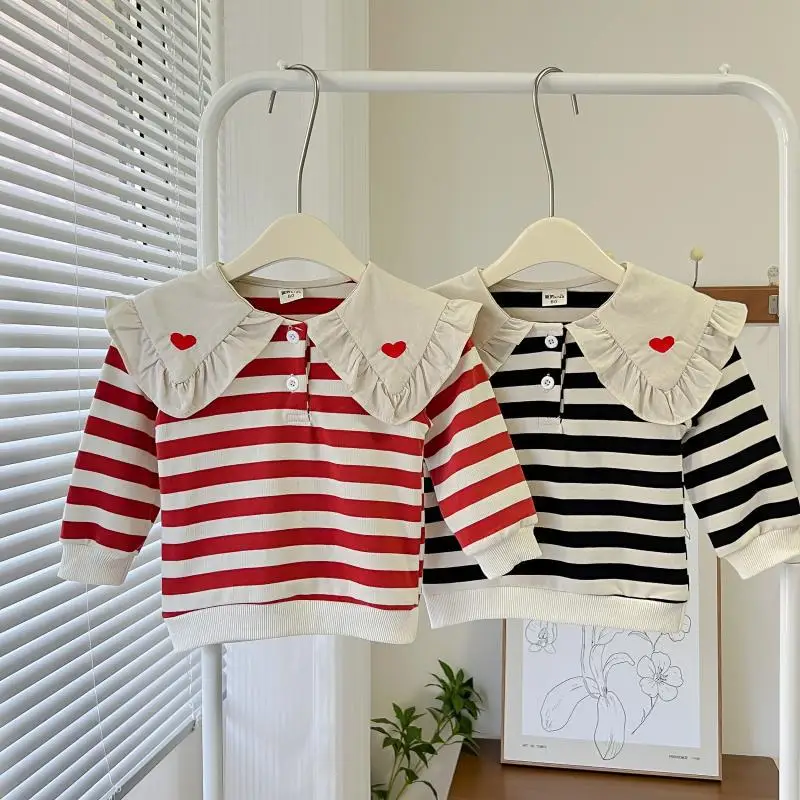 Модная полосатая Толстовка для девочек милый пуловер в Корейском стиле с круглым