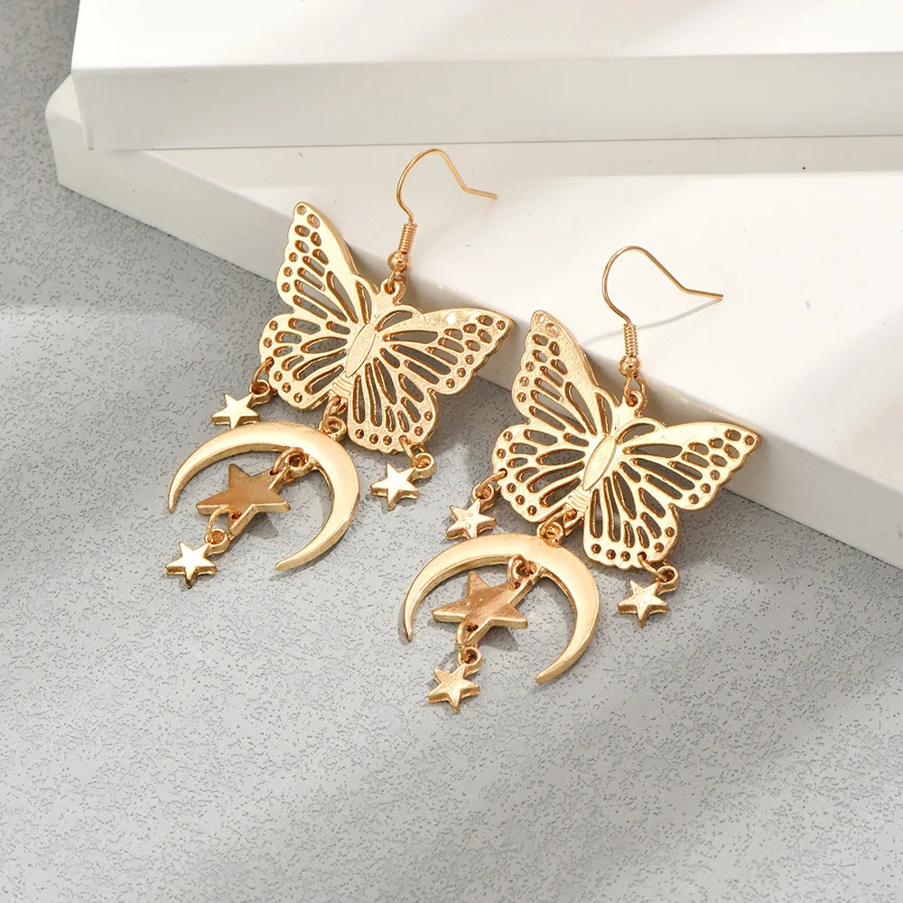 

Vintage Butterfly Moon Pentagram Hanging Earrings For Women Bohemia Classic Hook Earrings Ladies Jewelry Accessories