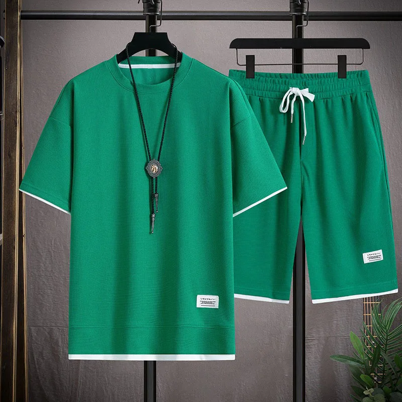 Summer Men's Two Piece Set Linen Fabric Casual T-Shirt And Shorts Set Mens Sports Suit Fashion Short Sleeve Tracksuit Men Suits