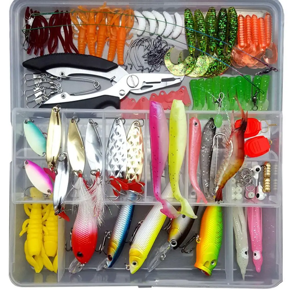 

Pesca Lures 75Pcs/94Pcs/122pcs/142pcs Fishing Lures Set Spoon Hooks Minnow Pilers Hard Lure Kit In Box Fishing Gear Accessories