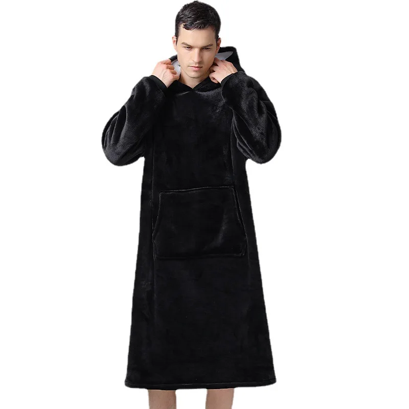 Mens Nightshirt Multi-functions Thickened Winter Warm TV Hooded Blankets Coral Fleece Robes Large Pocket Warm Men Sleepwear
