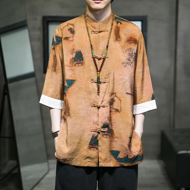 

2022 Chinese Style Summer Men's National Printed Tang Suit Chinese Button Knots Retro Han Chinese Clothing Cropped Sleeve Shirt
