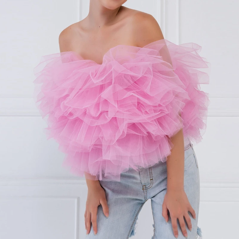 

Women's Fashion Crop Top Female Camisole Summer Solid Color Boat Neck Sleeveless Puffy Tulle Tops Strapless Vest For Ladies Y2k