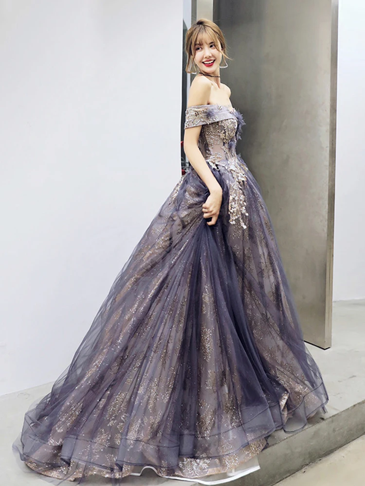 

New Casual Boat Neck Sexy Evening Dresses Sweep Train Lace up Back Embroidery Short Sleeves Evening Gowns