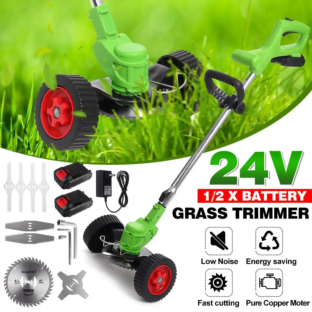 1200W 24V 6in Electric Grass Trimmer Cordless Lawn Mower Set Auto Release String Cutter Pruning Garden Tools Li-ion Battery