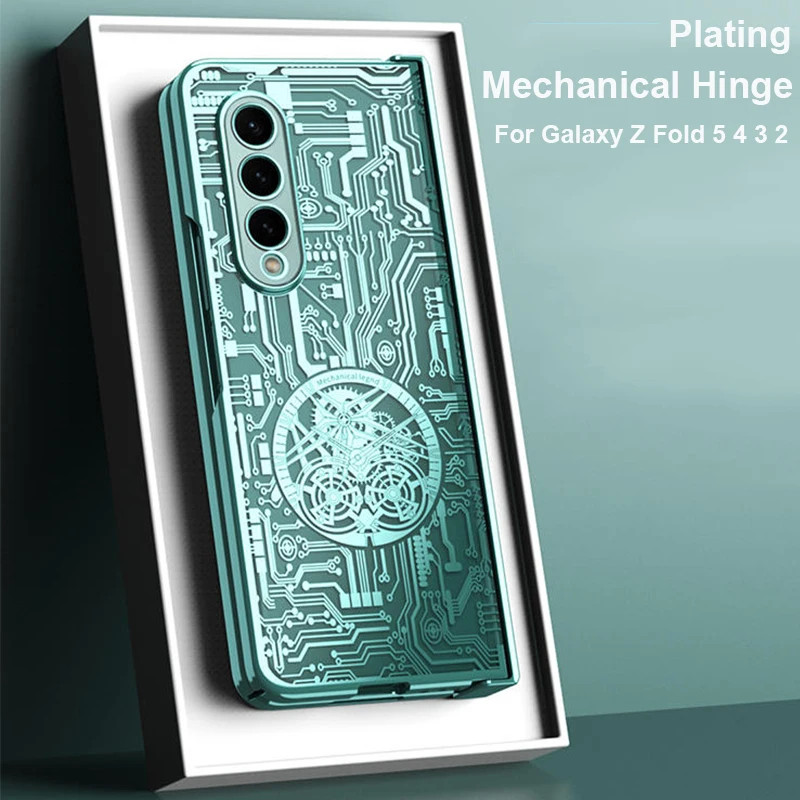 Mechanical Hinge Case For Samsung Galaxy Z Fold 5 4 Plating Clear Full Protector Transparent Cover Fold 3 2 with Pen Holder