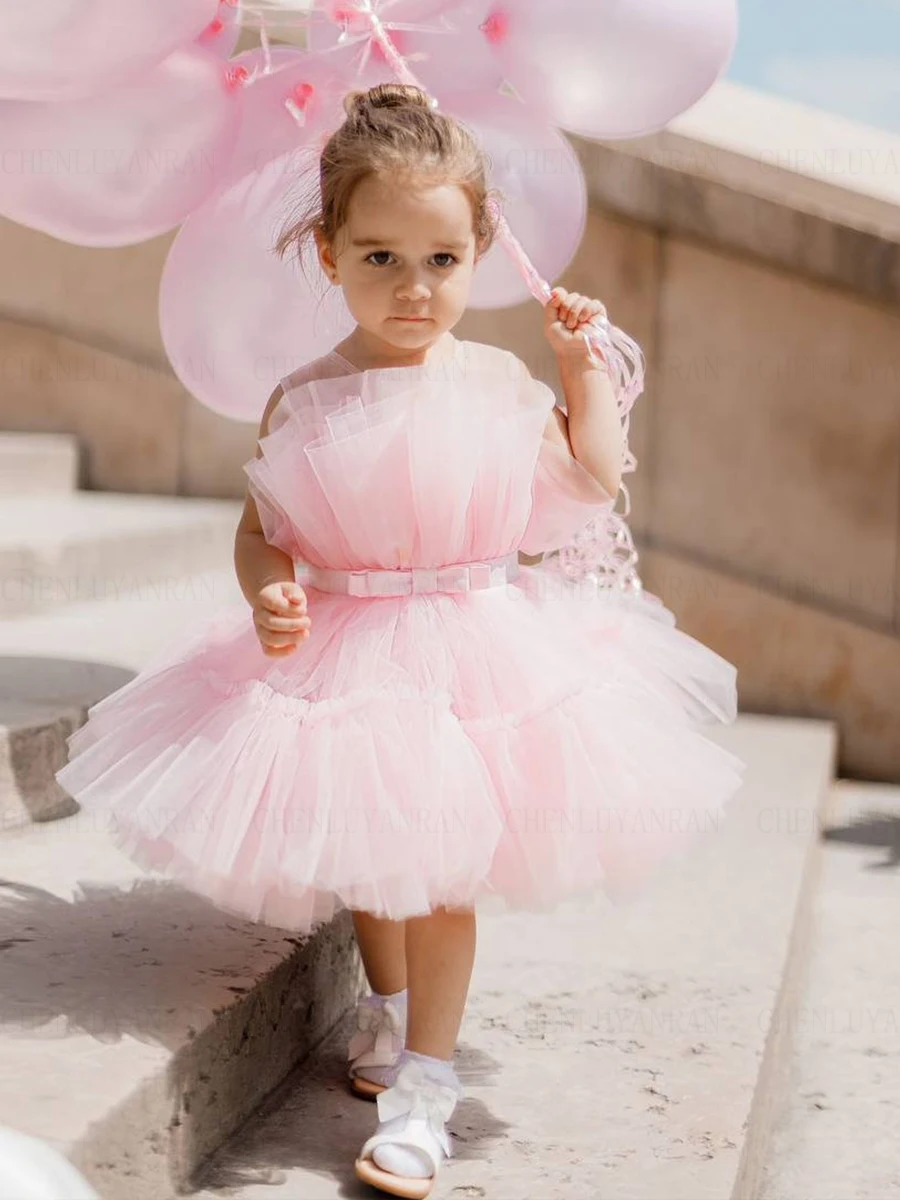 

Pink Cute Flower Girl Dress O-Neck Puffy A-Line Girls Princess Wedding Party Dress Knee-Length Tulle First Communion Gown Dress