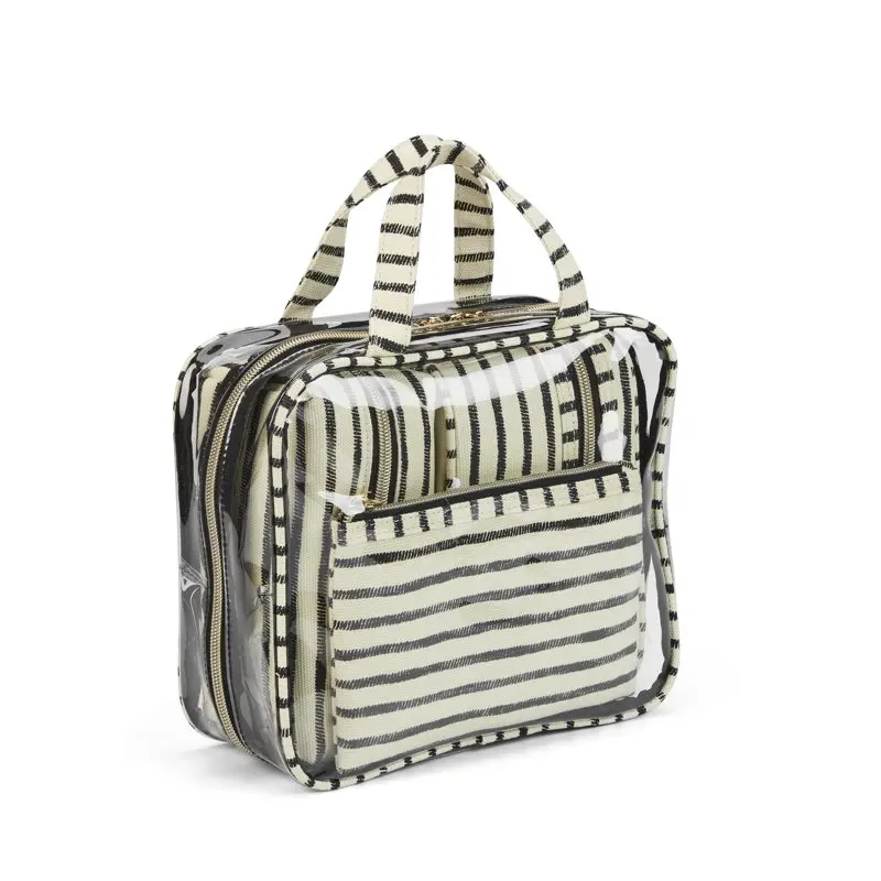 4-Piece Multi-Use Organizer Bag Set for Makeup, Toiletries, and Accessories. Includes Striped Canvas Flat Zipper Pouch, Train Ca