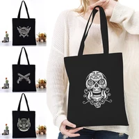 women canvas shoulder bag reusable shopping bags ladies skull printing series handbags casual tote grocery storage bag for girls