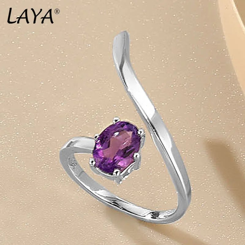 

LAYA 925 Sterling Silver Oval Amethyst Natural Stone Ring Original Design Romantic Purple Suitable for Women's Premium Jewelry