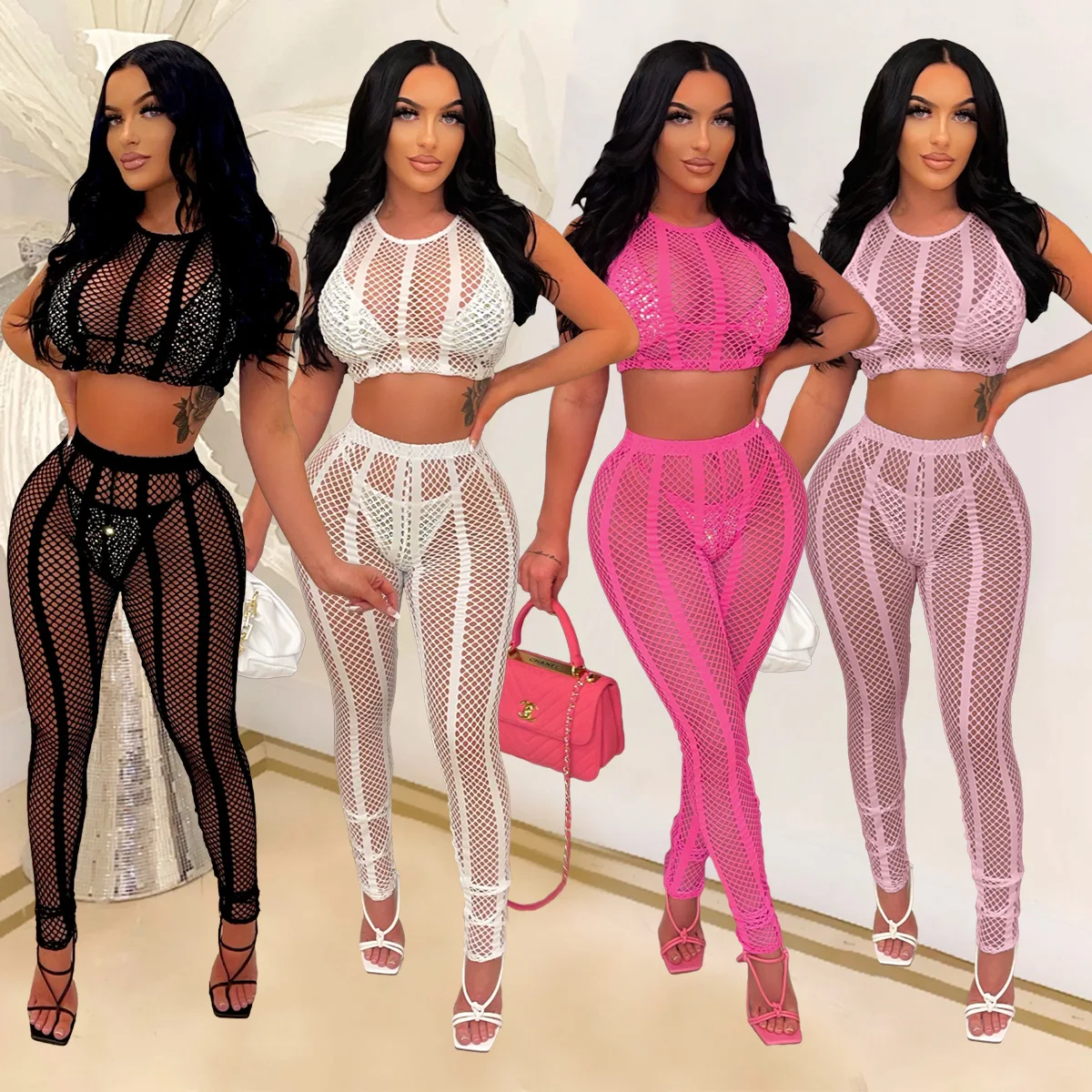 

Summer Mesh Sheer Two Piece Set Women Splice Backless Sleeveless Sexy Netting Fishnet Bodystocking Crop Tank Top Pant Set Outfit