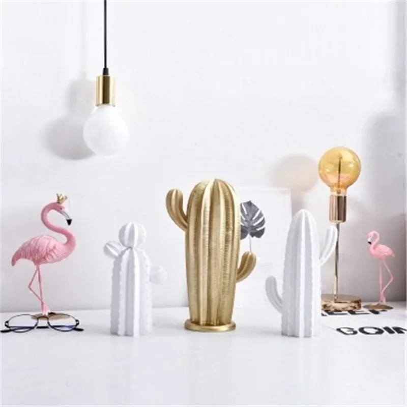 

Nordic White Gold Cactus Statue Resin Abstract Sculpture Figurine Home Decoration Minimalist Style Art Office Desk Ornament Gift