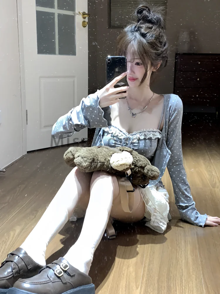 Японский сладкий кавайный вязаный комплект из 3 предметов женский осенний серый