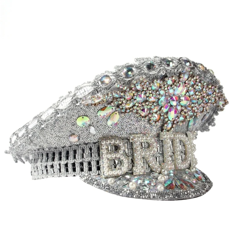 

Q0KE Bejeweled Captain Hat Crystals Hat for DISCO House Cocktail Parties Vacation Crystals for Bride