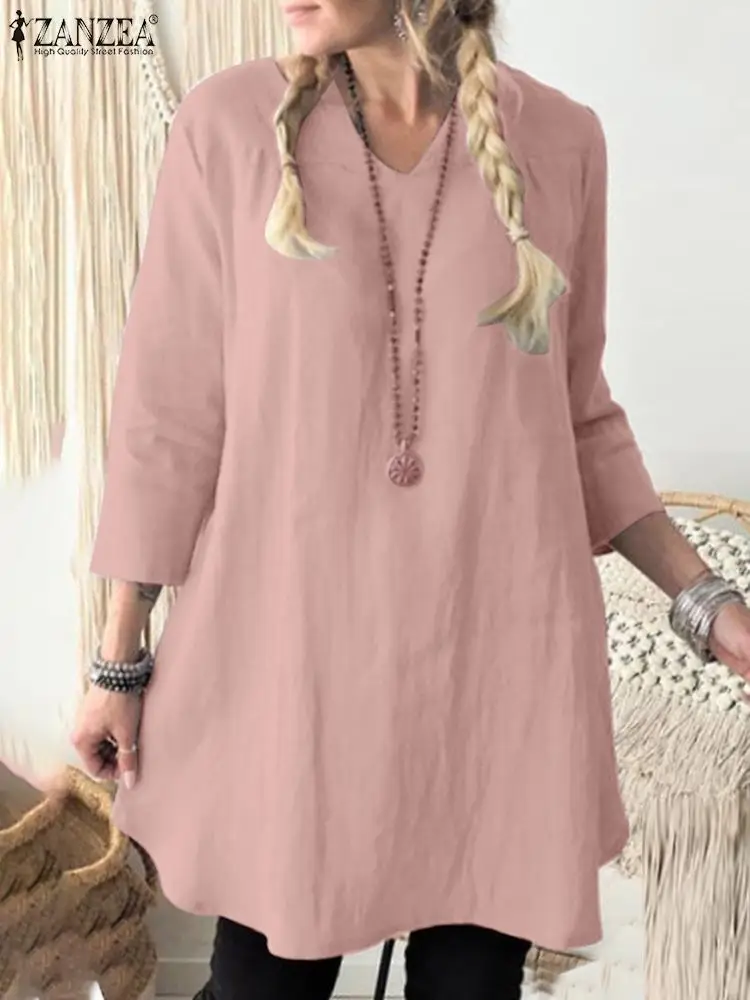 ZANZEA Summer Women Elegant V Neck 3/4 Sleeve Blouse Fashion Solid Shirt Casual Work OL Blusas Female Loose Tunic Tops Chemise