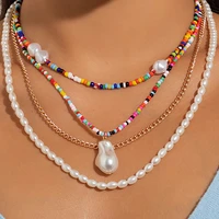 boho multiple layers necklaces for women colorful beaded irregular pearl pendant necklace ethnic chain tassel jewelry gift