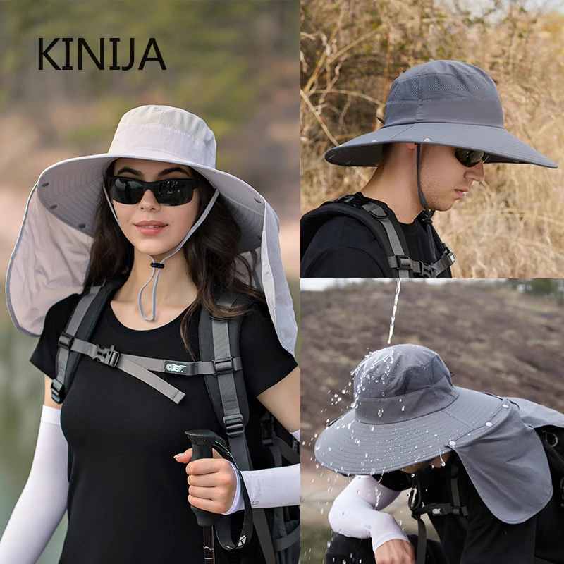 Summer Quick Dryng UV Neck Protection Women Sun Cap Outdoor Fishing Hiking Removable Shawl Men Visor Hat Wide Brim Bucket Hat
