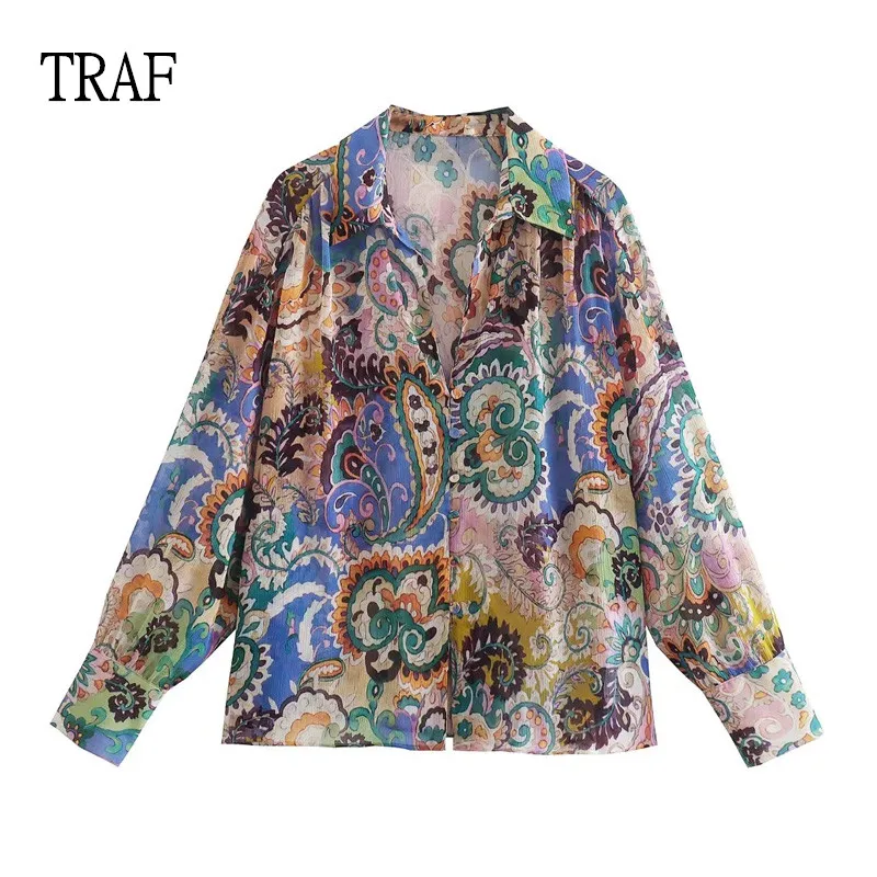 

TRAF Shirts Women Top 2022 New Print Buttons Blouses Female Loose Long Sleeve Vintage Shirt Woman Summer Woman Top Chic