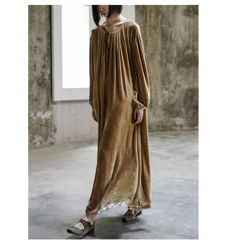 Шелковое бархатное женское весенне-осеннее платье с длинными рукавами и круглым