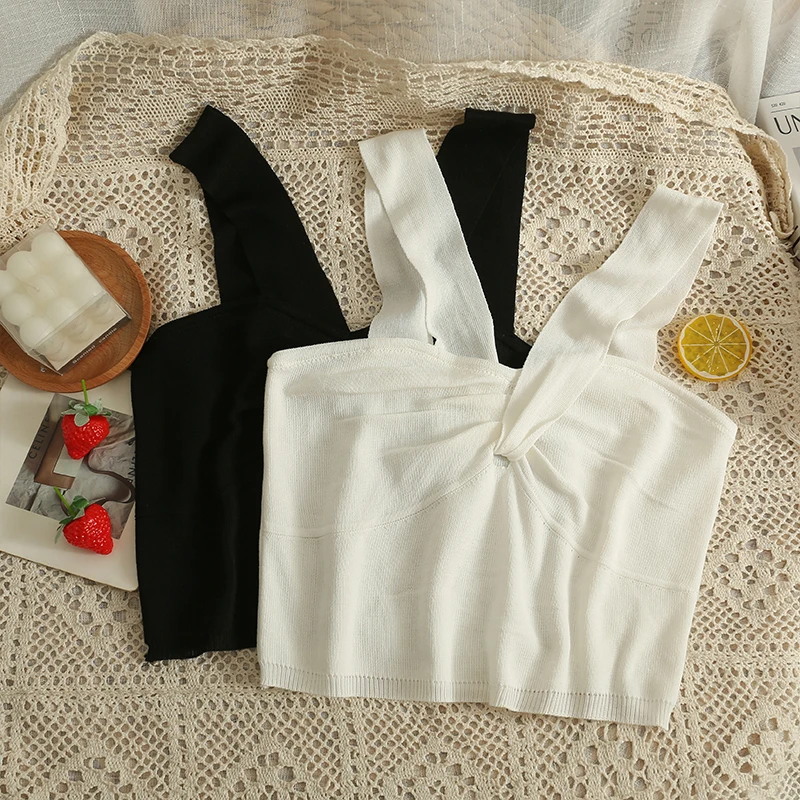 

Knitted Spaghetti Strap Tank Camis For Women Summer Pleated Corset Crop Tops French Chic Skinny Woman Tanks Camisoles Dropship