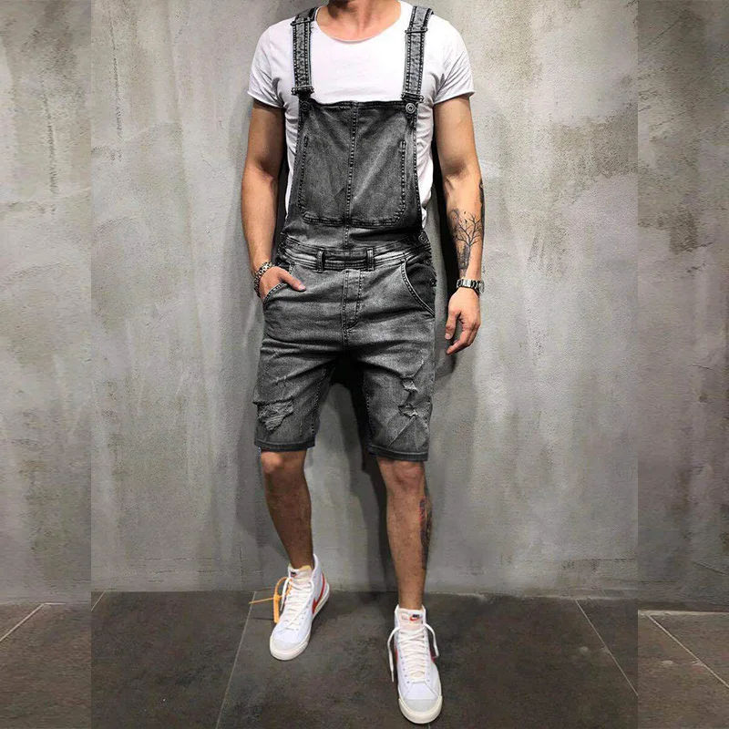 Men's Suspender Denim Jumpsuit Fashionable Holes Jeans Shorts Popular Overalls Knee Length Bibs Cargo Pants