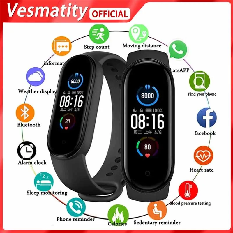 

Водонепроницаемый спортивный смарт-браслет Vesmatity M5 для мужчин и женщин, фитнес-браслет с монитором кровяного давления и пульса для Android и IOS
