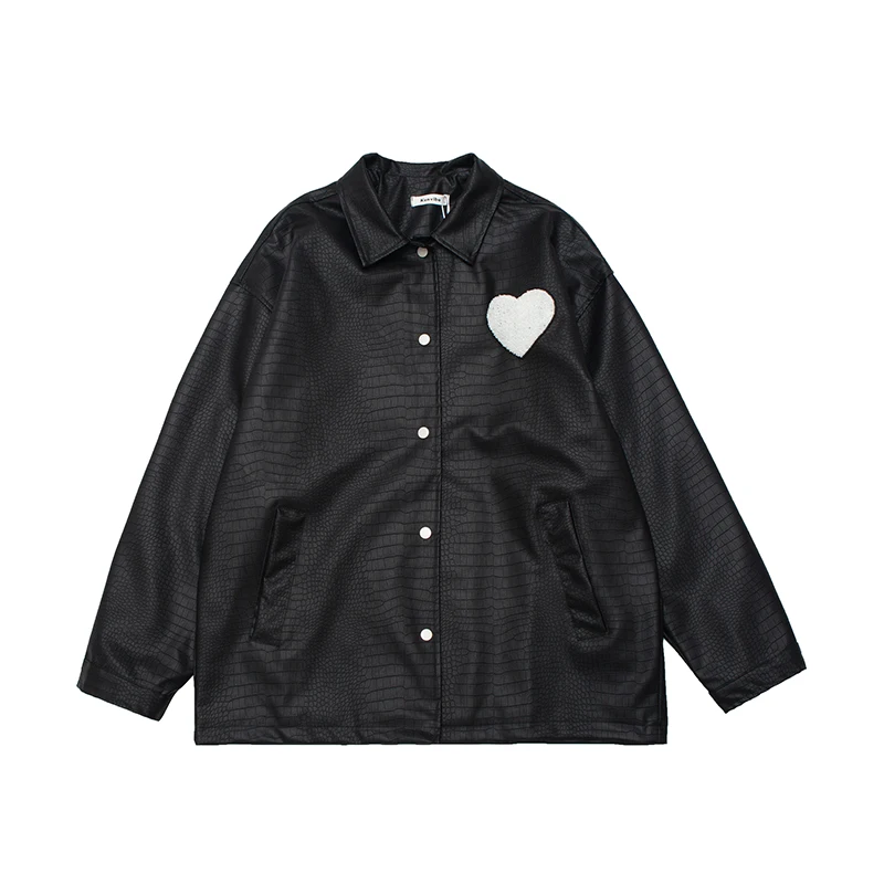 

Letter Love Pattern Single Breasted Pu Leather Coat Mens and Women Hip Hop Oversize Lapel Black White Autumn Couple Jackets