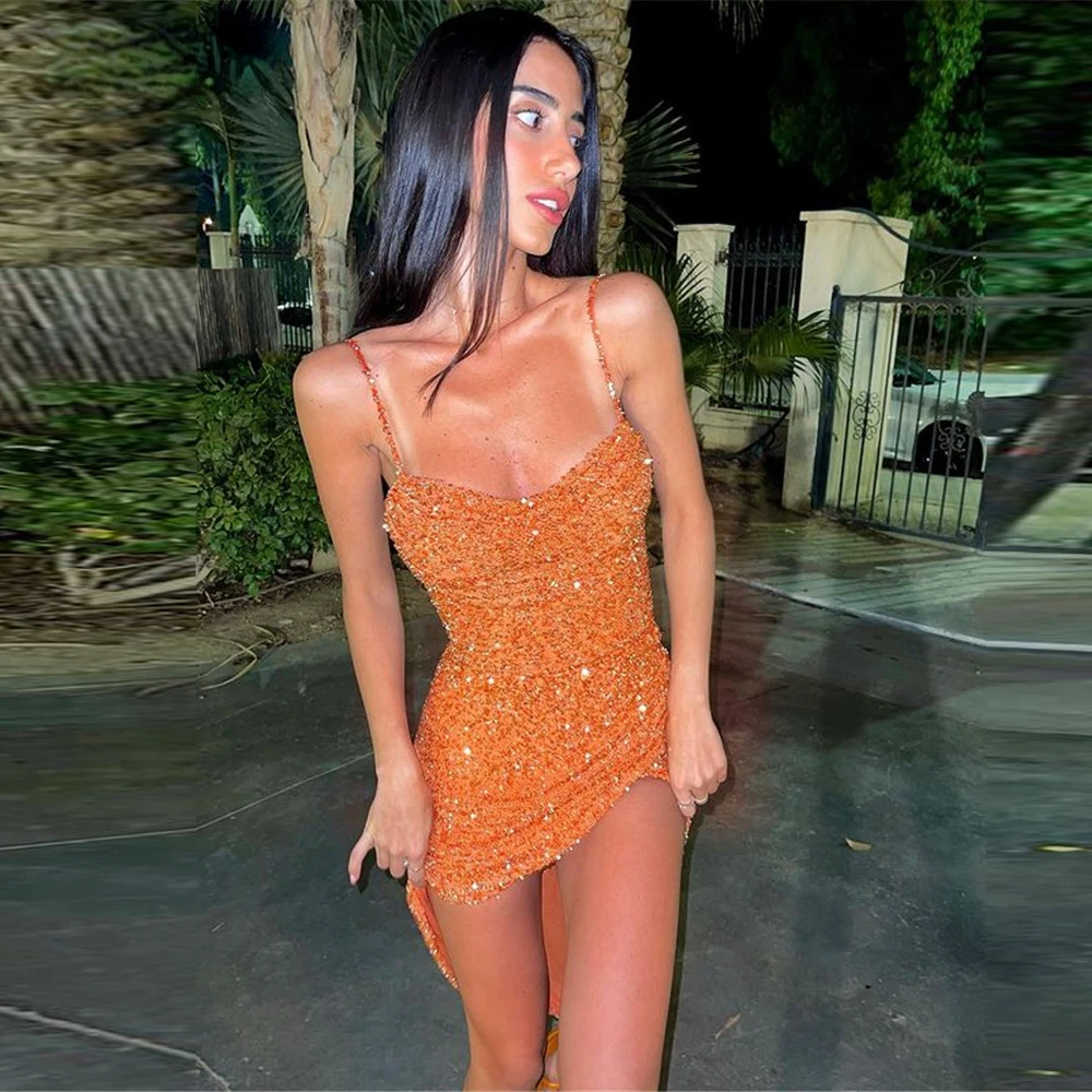 Sexy Orange Glitter Prom Dresses Short Front Long Back Sweetheart Spaghetti Straps Formal Party Cocktail Dress 2022