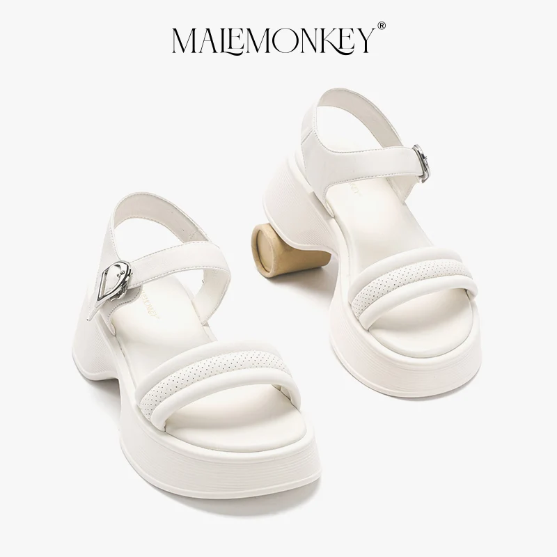 MALEMONKEY Chunky Sandals Women Leather 2023 New Outdoor Casual Retro Fashionable Open Toe Black Ladies Shoes Handmade Summer