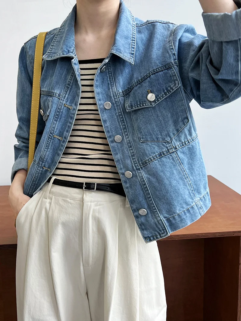 

Женское джинсовое пальто и полосатый топ на бретельках, комплект из двух предметов в Корейском стиле