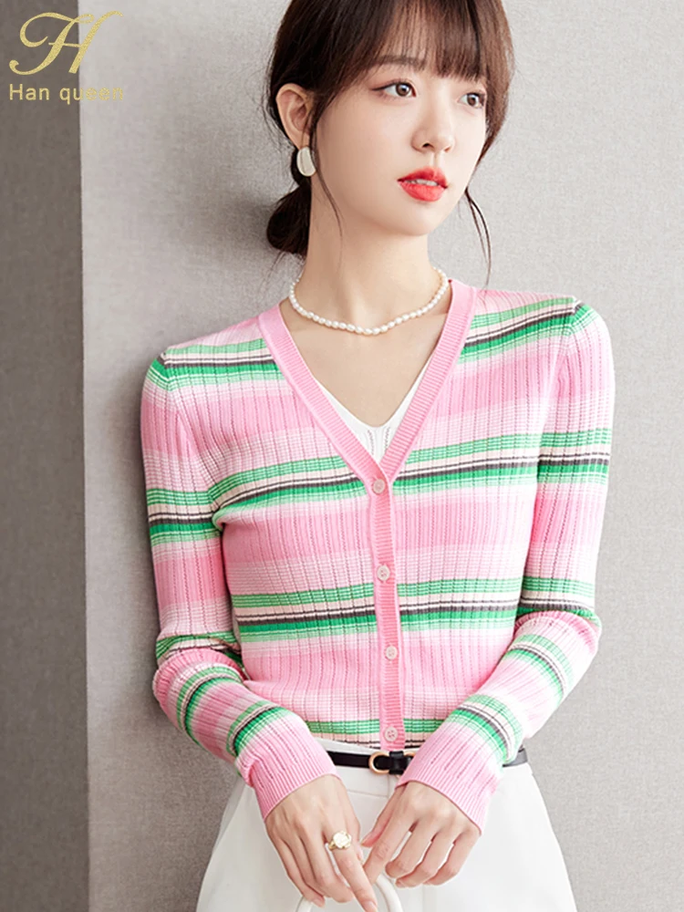 

H Han Queen 2023 Autumn Tees Korean Elegant Fashion Colorblocked Stripes Knitted T-Shirt Women Casual Basic Vintage Cardigan Top