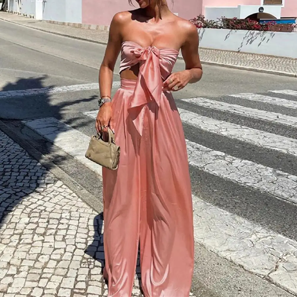 

2 Pcs/Set Women Tube Top Pants Set Solid Color Floor Length Off Shoulder High Waist Summer Vest Trousers Set vestido فستان