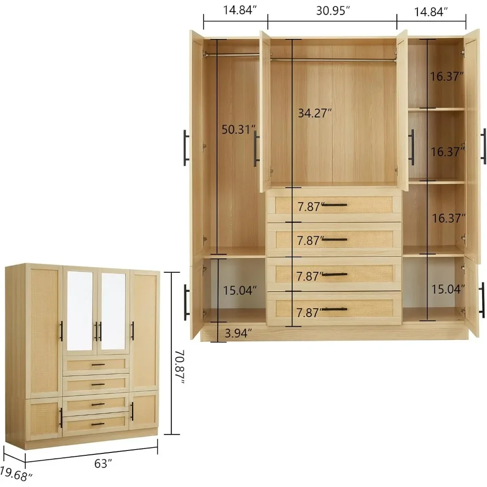 Шкафы и шкафы для спальни из ротанга высотой 71 дюйм 4-дверный шкаф с зеркалом