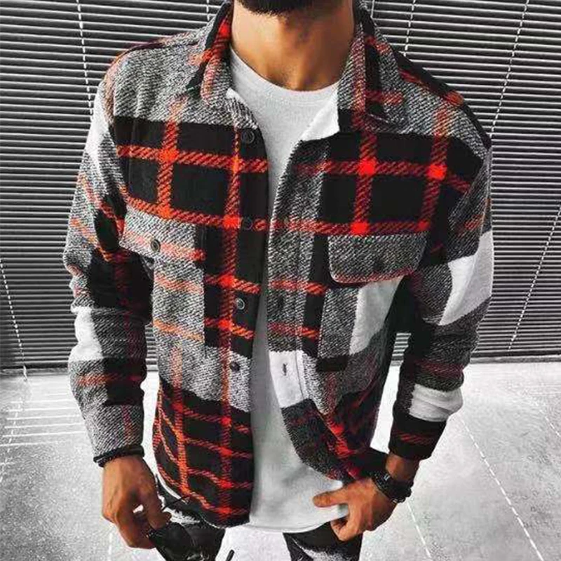 

Мужская рубашка, осенняя стильная рубашка с отложным воротником и длинными рукавами, мужская рубашка в клетку на пуговицах, куртка из мягко...