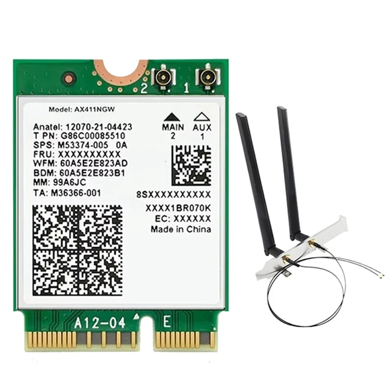 

For AX411 Wifi Card+2X8DB Antenna Wifi 6E Cnvio2 BT 5.3 Tri-Band 5374Mbps Module For Laptop/PC Win10/11-64Bit